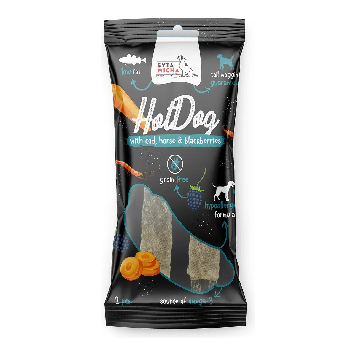 Syta Micha Hot Dog do żucia dla psa - konina z jeżynami w skórze z dorsza 2 szt. – packshot produktu na białym tle
