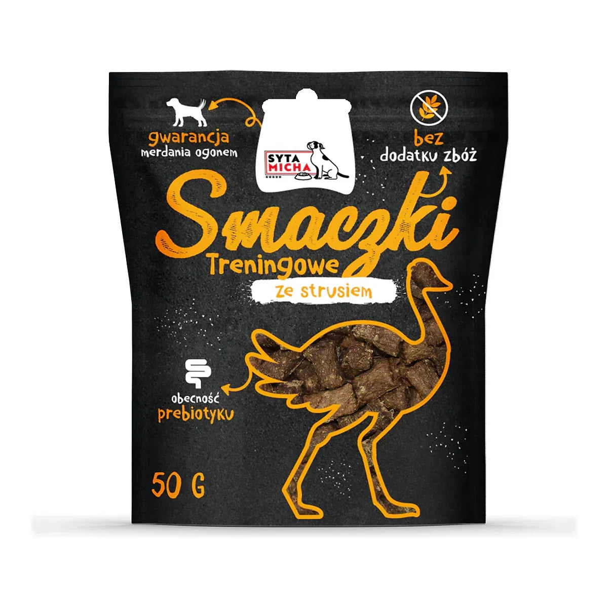 Syta Micha Przysmaki treningowe ze strusiem dla psa 50g – packshot produktu na białym tle
