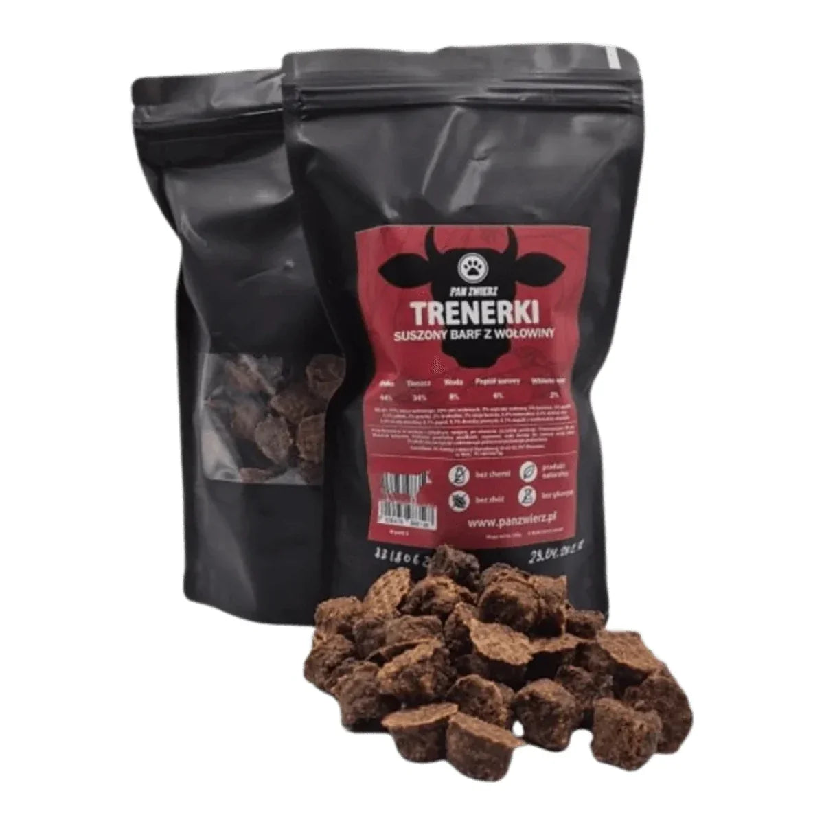 Trenerki - SUSZONY BARF Z WOŁOWINY 250g – packshot produktu na białym tle