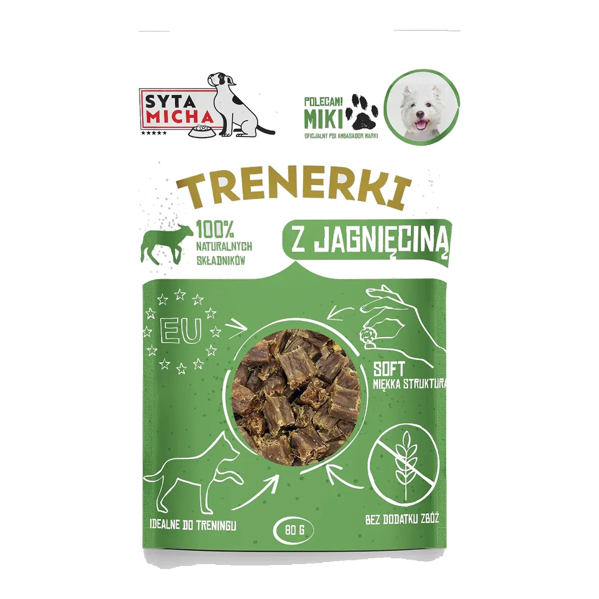 Trenerki z jagnięciną dla psa 80g – packshot produktu na białym tle