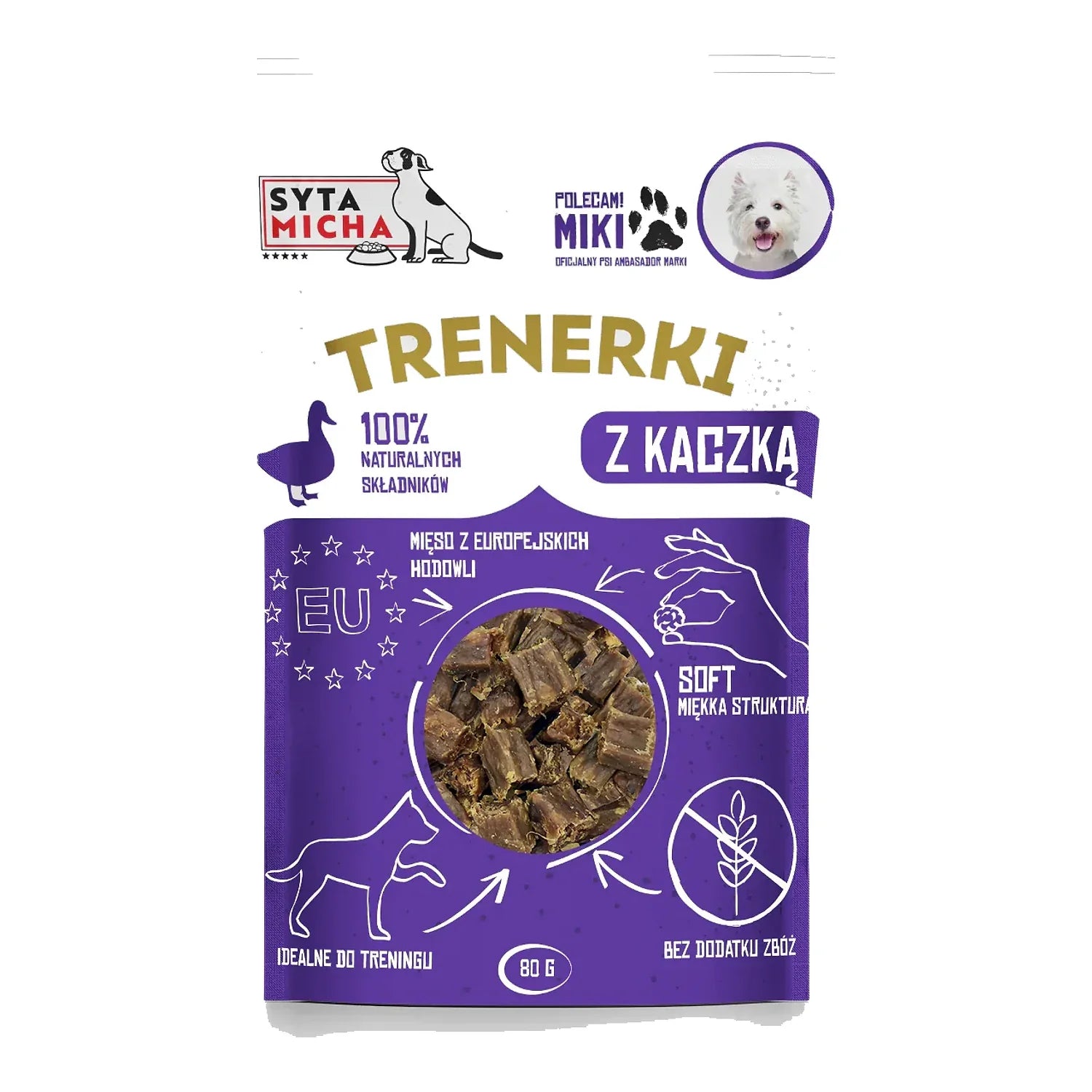 Trenerki z kaczką dla psa 80g – packshot produktu na białym tle