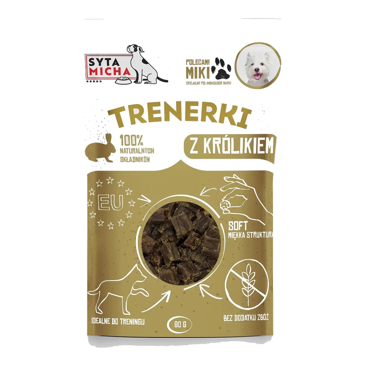 Trenerki z królikiem dla psa 80g – packshot produktu na białym tle