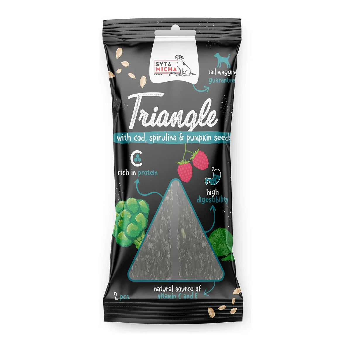 Trójkąt do żucia dla psa - dorsz z jeleniem i spiruliną 2 szt. – packshot produktu na białym tle