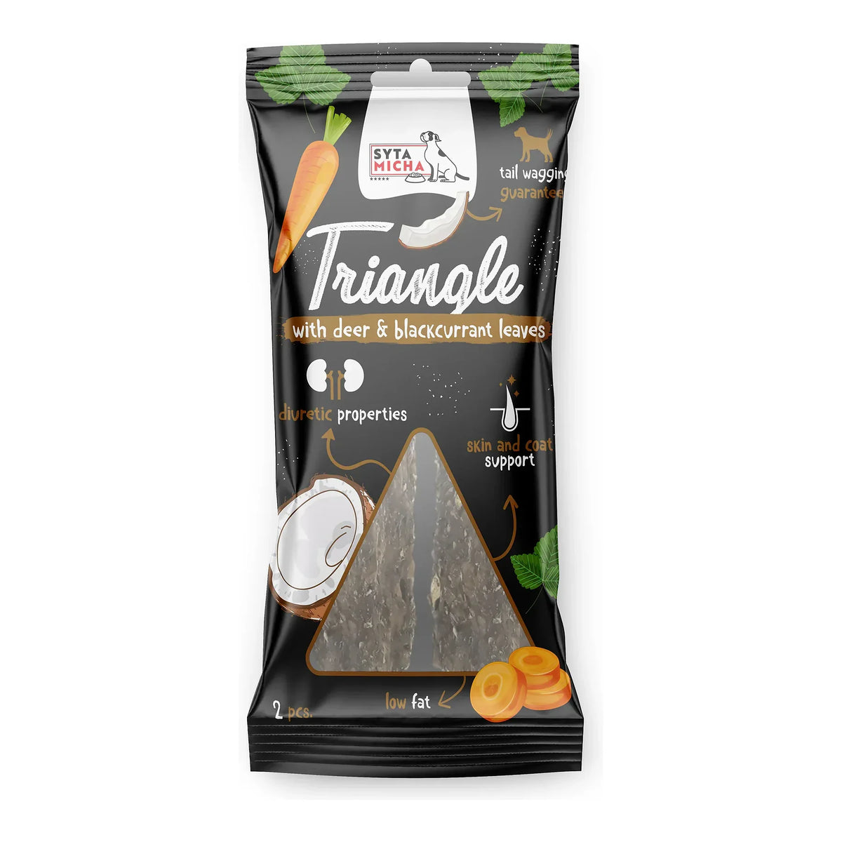 Trójkąt do żucia dla psa - jeleń z kokosem i liśćmi czarnej porzeczki 2 szt. – packshot produktu na białym tle