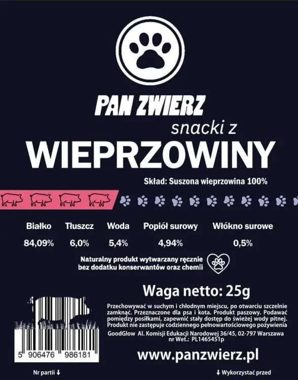 Naturalne smaczki z wieprzowiny 25g Pan Zwierz