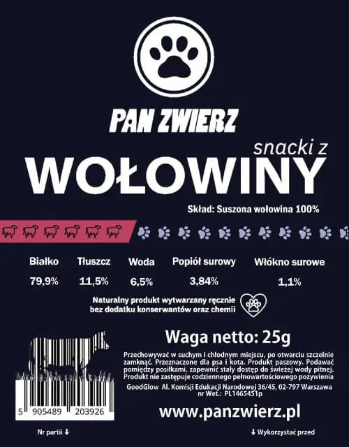 Naturalne smaczki z wołowiny 25g Pan Zwierz