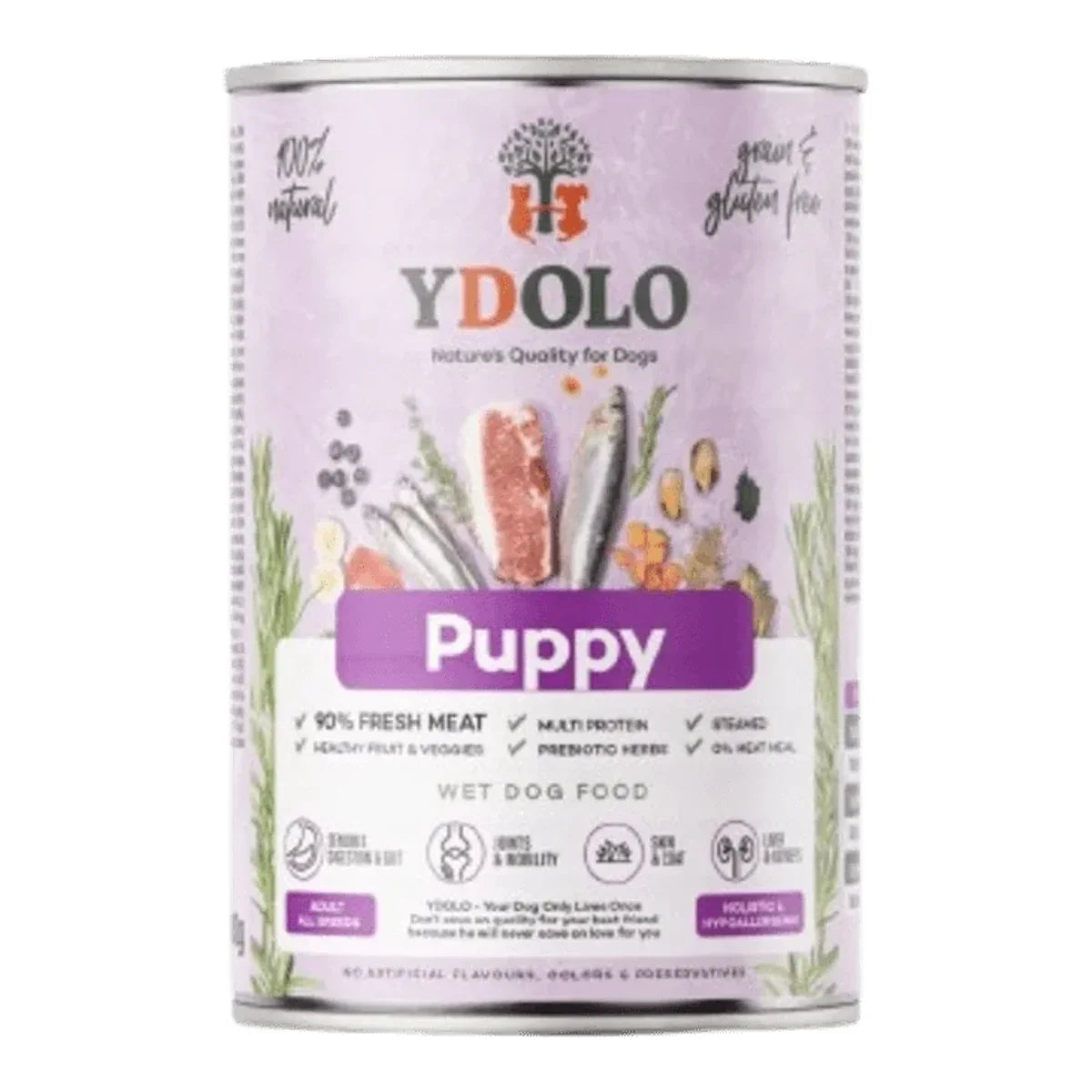 YDOLO Puppy - wieprzowina Iberico i ryby - mokra karma dla szczeniąt (400g) – packshot produktu na białym tle