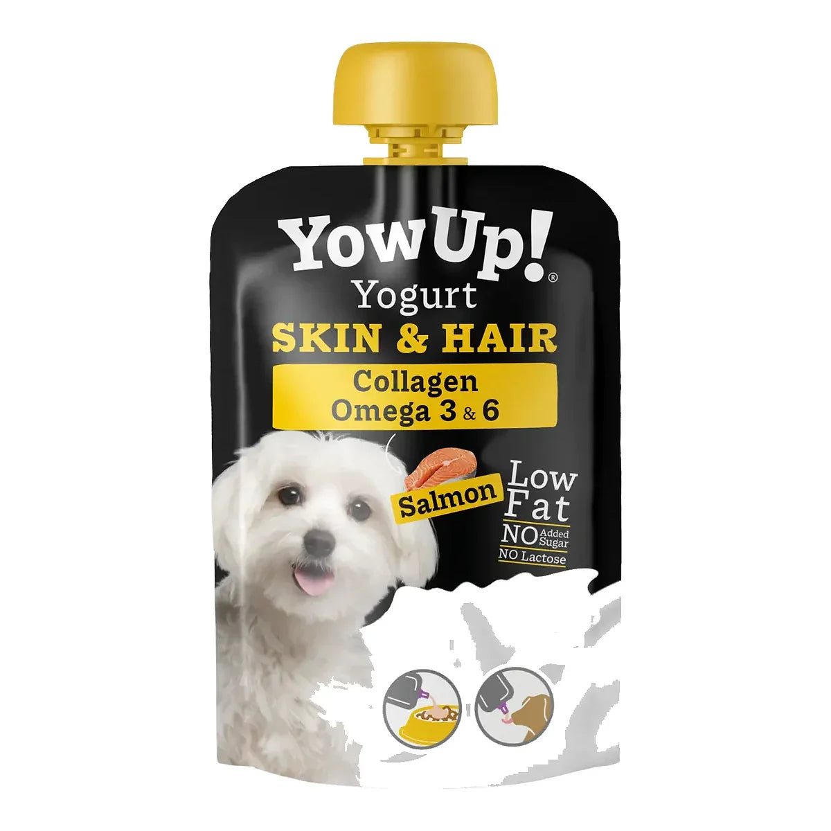 YOW UP! Skóra & Sierść Jogurt dla psa z łososiem 115g – packshot produktu na białym tle